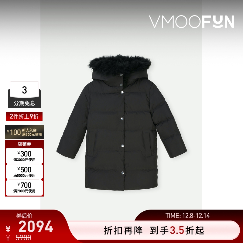 【折扣】YVES SALOMON 女童连帽皮草边饰鸭绒羽绒服外套