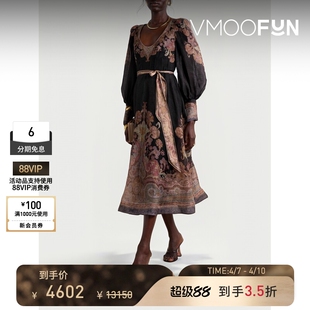 春夏女配腰带印花丝麻欧亘纱中长连衣裙 Zimmermann