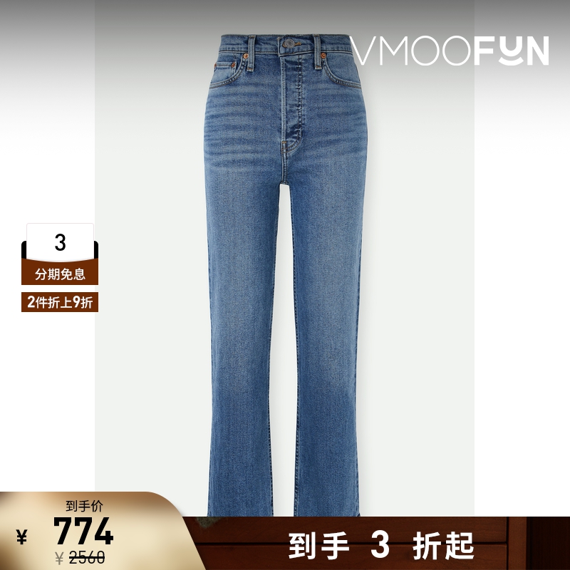 【折扣再降】Re Done 女怀旧高腰窄腿直筒九分蓝色牛仔裤