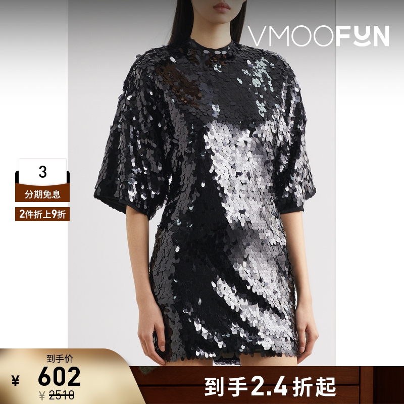 【折扣】Rotate 女露背亮片绢网半袖连衣裙短裙