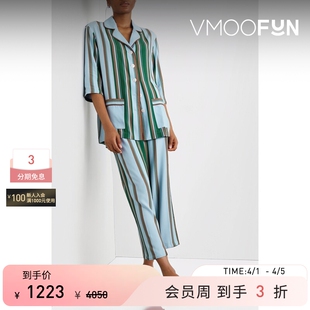 Sleeper 春夏女羽毛边饰条纹绉纱睡衣套装