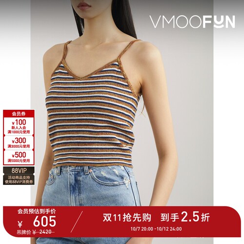 【D11抢先购】RECTO 早春女条纹弹力针织坦克背心