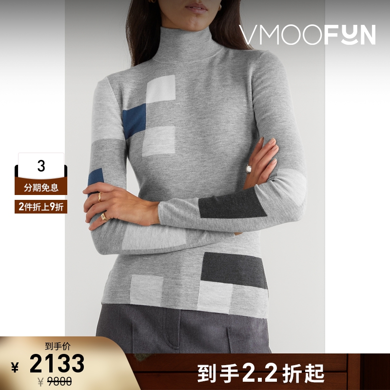 【折扣】Akris女士拼缝羊绒真丝混纺高领毛衣