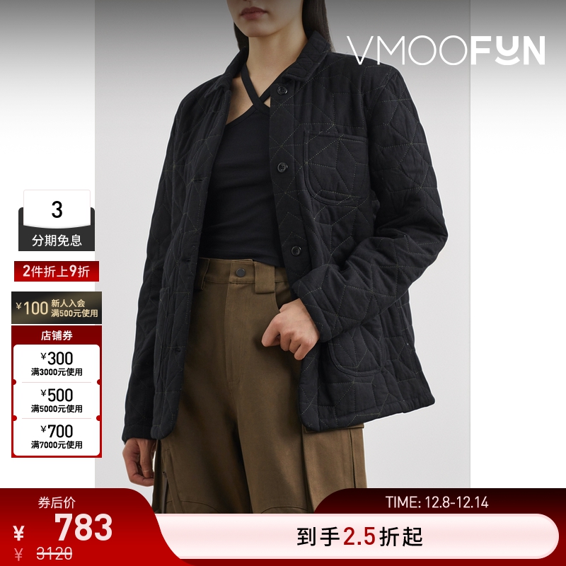 【折扣再降】YMC女几何拼缝印花带填充物棉质亚麻外套