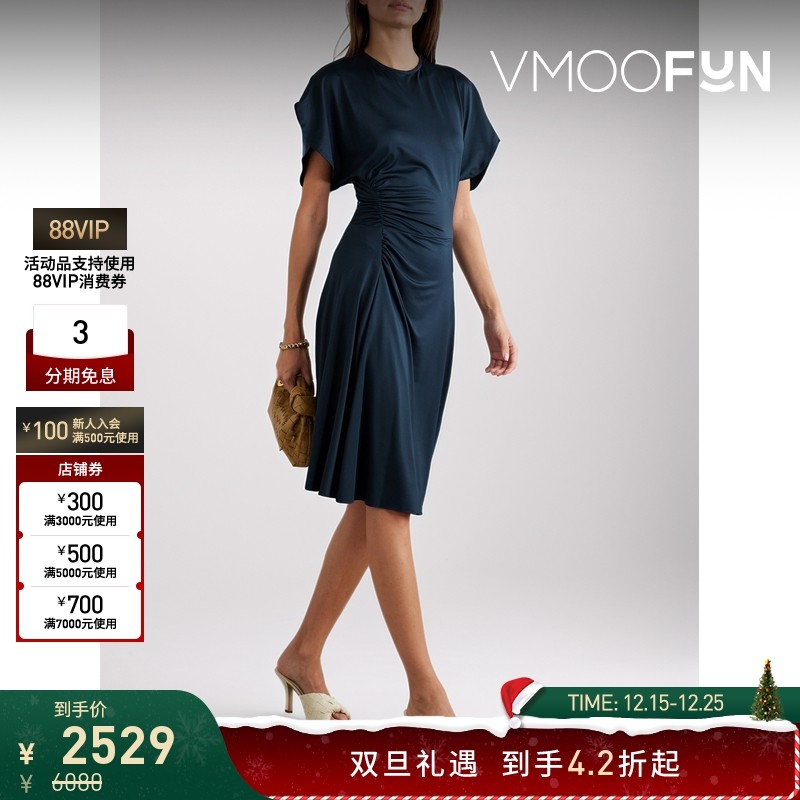 【折扣】VICTORIA BECKHAM女士缩褶缎面平纹布中长连衣裙