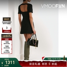 【折扣】STAUD 女黑色露背弹力双罗纹短款连衣裙