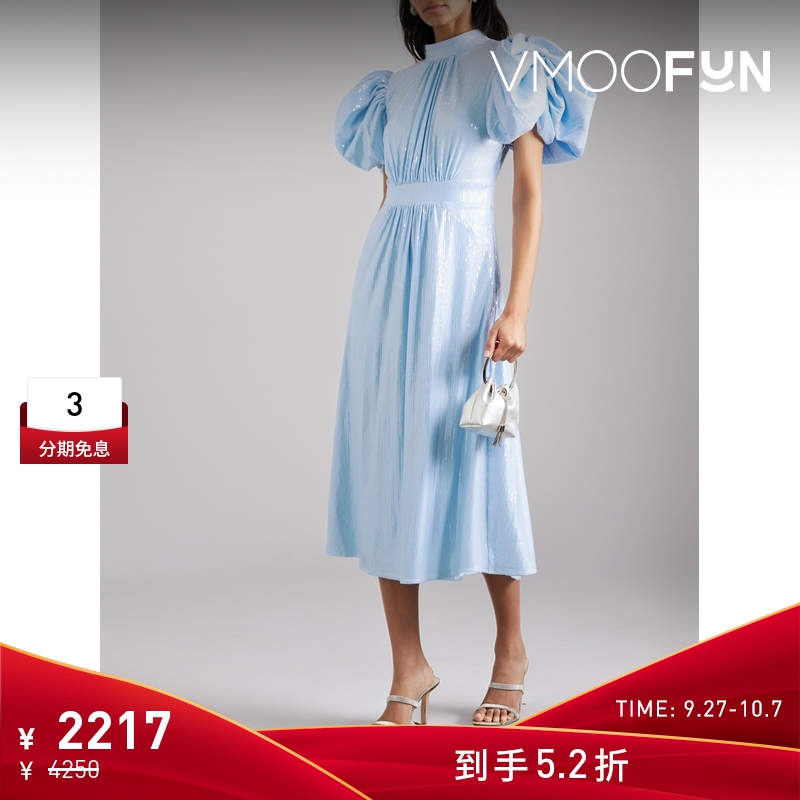 【折扣】Rotate 夏季女蓝色缩褶亮片绉纱法式连衣裙