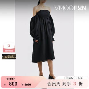 Sleeper 春夏女露肩亚麻中长连衣裙小黑裙 秒杀