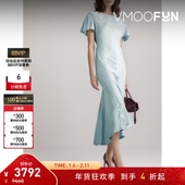 夏女蓝色凉感缩褶缎面中长连衣裙 Beckham 折扣 Victoria