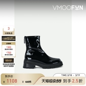 季 秋冬女士黑色亮面粗跟时尚 末折扣 Far 皮革踝靴