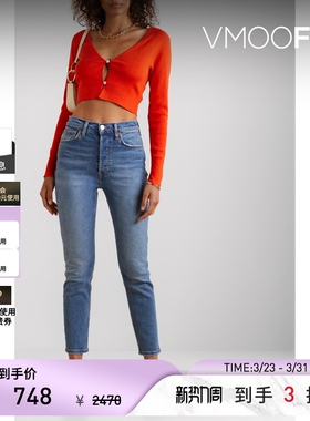 Re Done女士90s 高腰窄腿九分蓝色牛仔裤