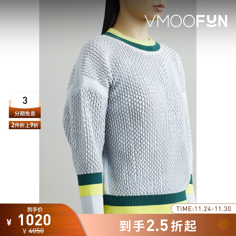 【折扣】CFCL 女士条纹嵌花挑窿针织毛衣