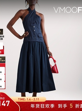 【折扣】STAUD女士露背褶裥棉质斜纹布府绸挂脖超长连衣裙