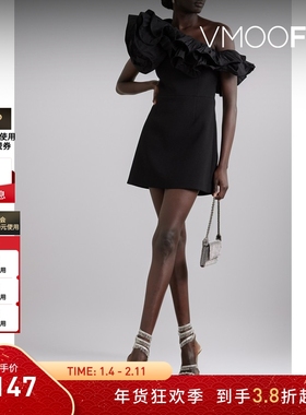 【折扣】Rebecca Vallance女士单肩荷叶边迷你小黑裙连衣裙