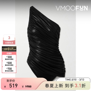 Norma Kamali 春夏女单肩褶饰弹力连体泳衣