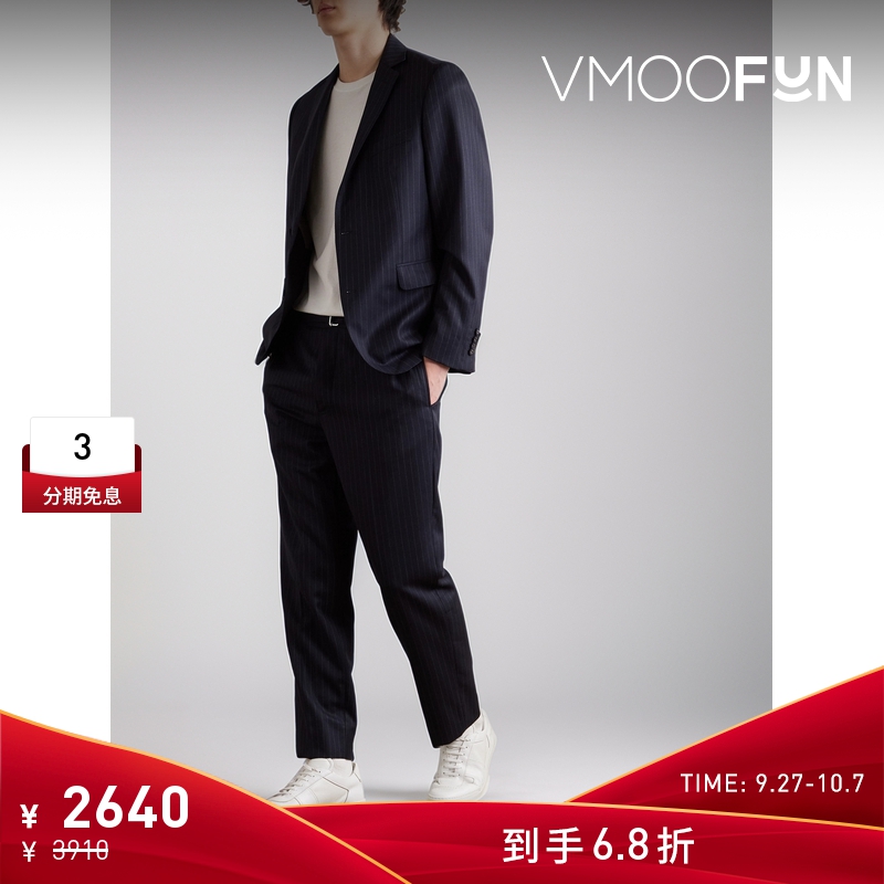 【折扣】Officine Generale 男直筒配腰带条纹绵羊毛长裤休闲裤