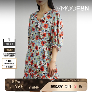迷你连衣裙 Rixo春夏女士花卉印花真丝雪纺围裹式