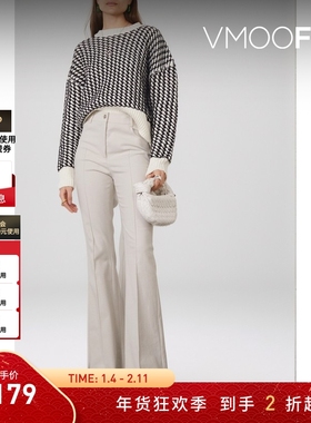 【折扣】Akris 女米色修身高腰棉质混纺斜纹布喇叭裤