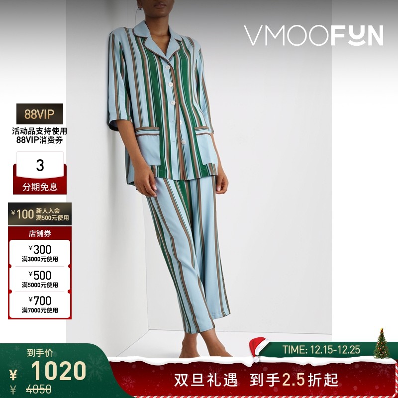 【折扣】Sleeper 女羽毛边饰条纹绉纱睡衣套装