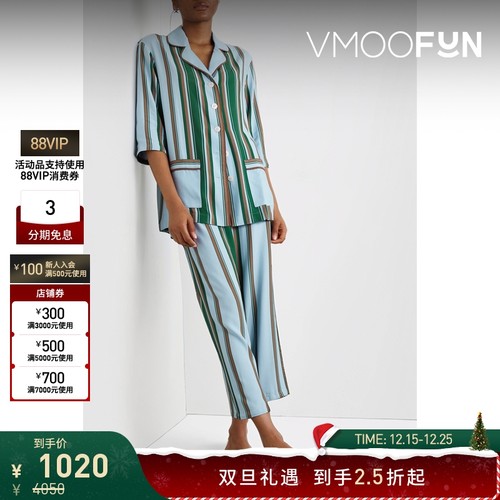 【折扣】Sleeper 女羽毛边饰条纹绉纱睡衣套装