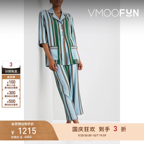 【折扣】Sleeper 春夏女羽毛边饰条纹绉纱睡衣套装