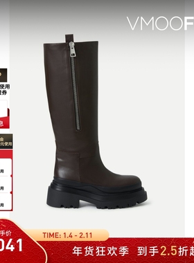 【折扣】PLAN C 秋冬女简约经典黑色皮革及膝长靴