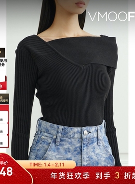 【折扣】YCH 女秋冬不对称罗纹针织上衣