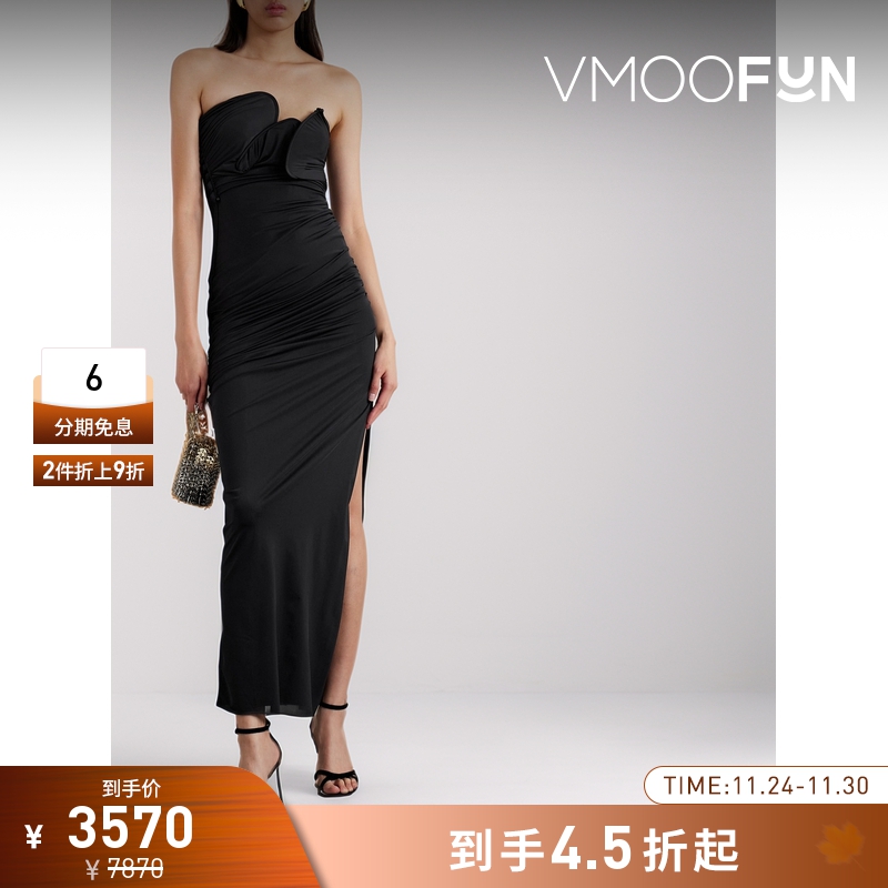 【折扣】CHRISTOPHER ESBER 夏女褶皱抹胸礼服小黑裙连衣裙