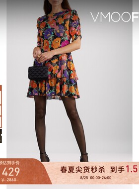 【秒杀】Rixo  春夏女亮片金葱印花乔其纱V领裙连衣裙