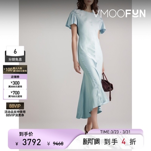 Victoria 夏女蓝色凉感缩褶缎面中长连衣裙 Beckham