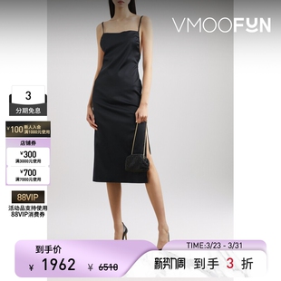 FRAME女露背缎面中长连衣裙宴会小黑裙