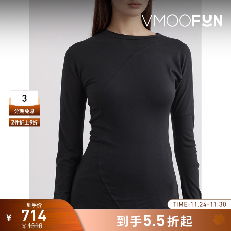 【折扣】LOW CLASSIC 女黑色不对称棉质混纺打底衫上衣