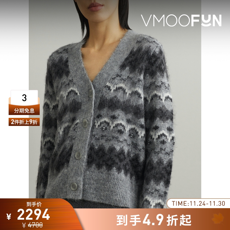 【折扣】VINCE 秋冬女费尔岛图案提花针织开襟衫