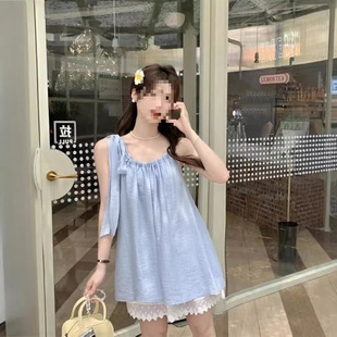 夏季 甜美风蓝色吊带背心女小个子设计感宽松显瘦上衣女潮 新款 法式