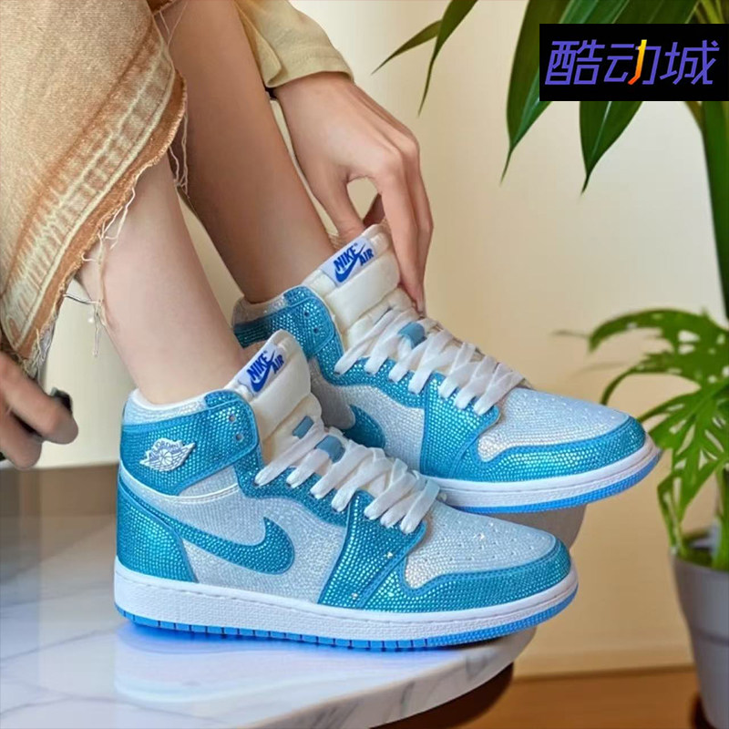 Nike耐克 【定制球鞋】Air Jordan1蓝白高帮头层牛皮情侣款潮鞋