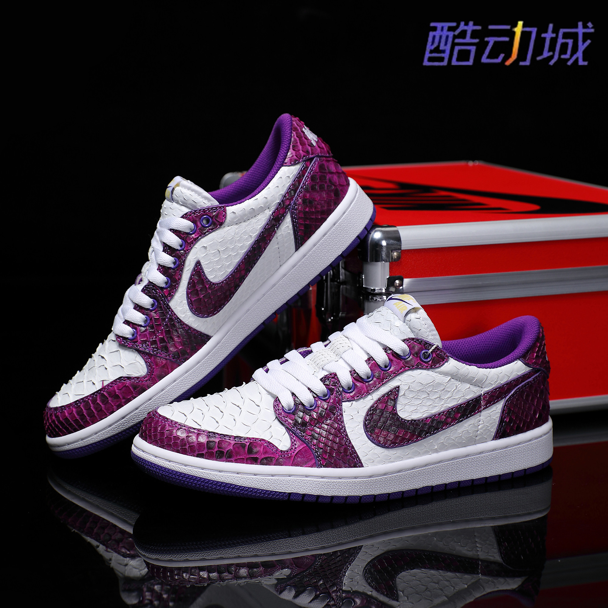 Nike耐克 【定制球鞋】Air Jordan1紫白蟒蛇皮真皮刺绣情侣款潮鞋