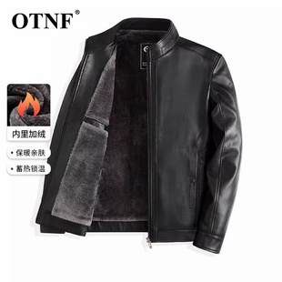 時尚 男裝 立領(lǐng)皮衣外套2024秋冬季 加絨加厚爸爸冬裝 皮夾克 新款 男士