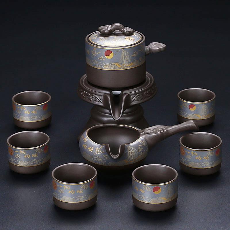 紫砂懒人石磨茶具旋转自动茶壶一整套创意泡茶器功夫茶具套装家用