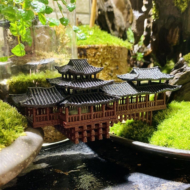 鱼缸造景古建筑风雨廊桥假山小摆件水陆缸庭院盆景书房中式桥梁