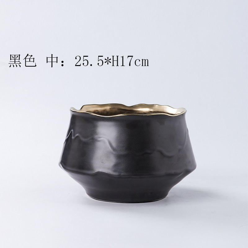现代简约黑白内金陶瓷花瓶花盆摆件家居客厅餐桌插花器果盘装饰品