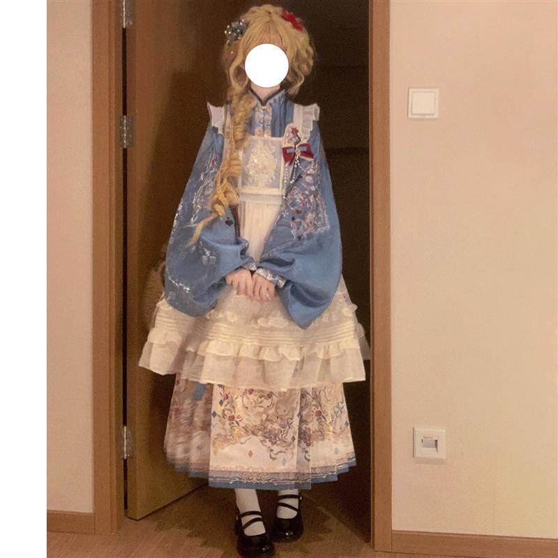 汉洋折衷明制汉服织金仿妆花蓝色立领琵琶袖开衫罩裙马面裙洛丽塔