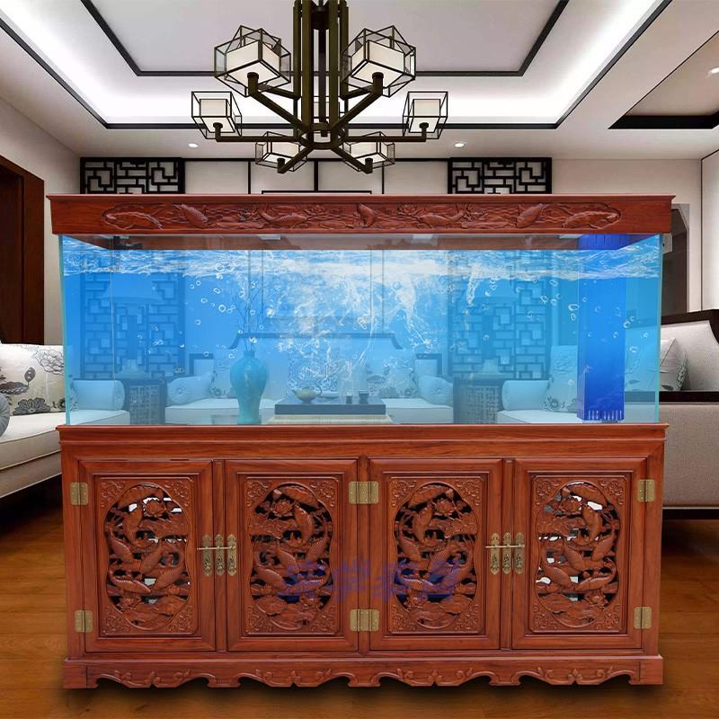 老榆木实木鱼缸中式精雕底柜鱼缸水族箱龙鱼缸大型超白玻璃鱼缸图片