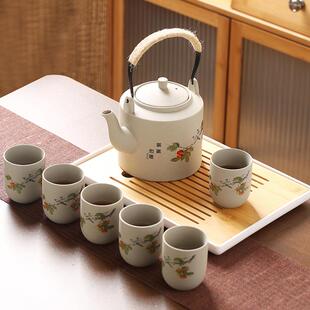粗陶提梁壶茶具套装陶瓷无釉素陶茶杯套组古朴侧把壶盖碗公道杯