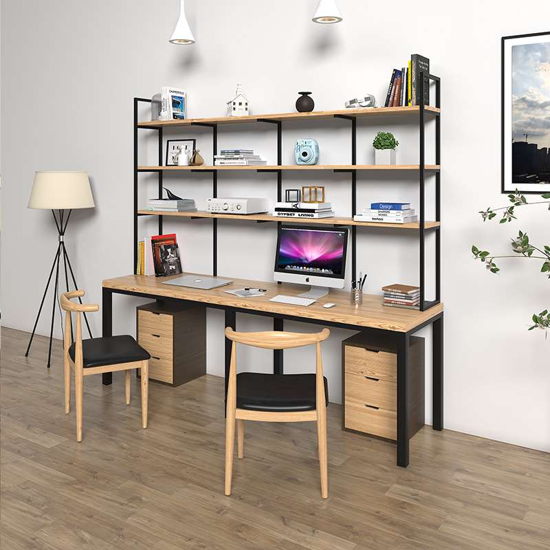 loft实木双人电脑台式桌家用书房书桌书架组合办公学习写字台长桌