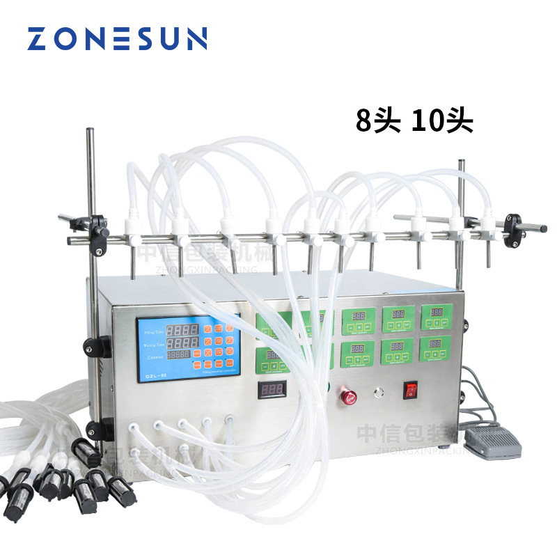 ZONESUN 8/10头电动数字控制泵液体灌装机3-4000ml香水精油灌装机
