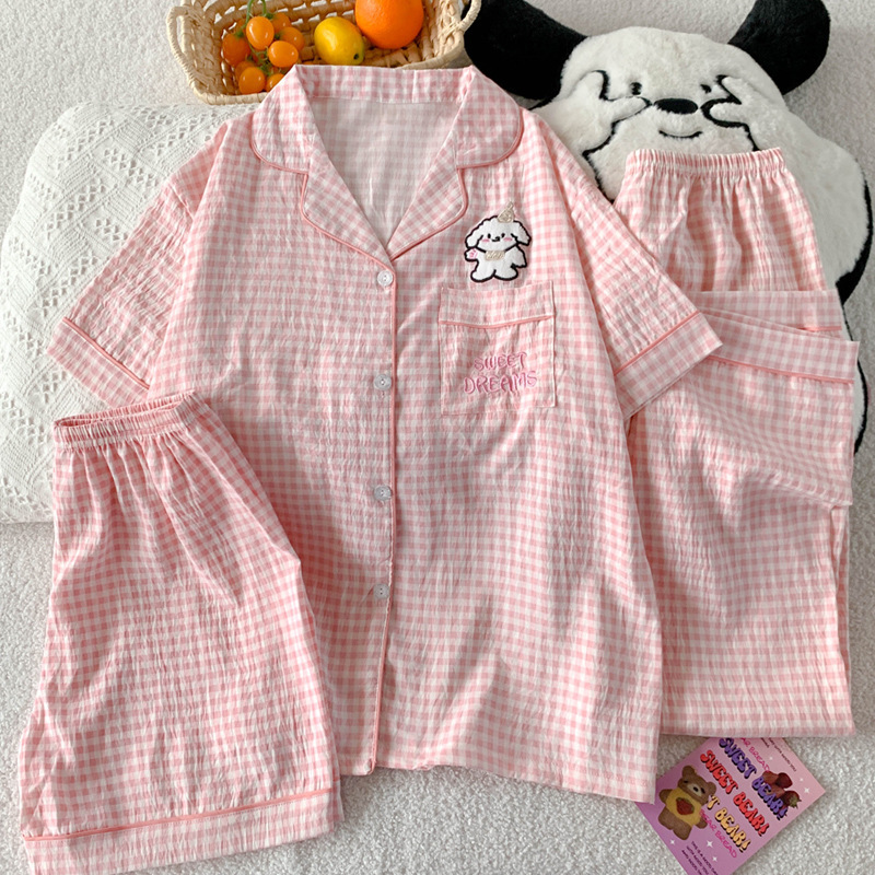 粉色格子线条小狗睡衣女夏天三件套云朵棉薄款短袖家居服实拍