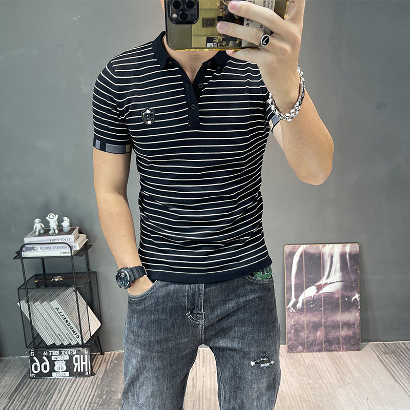 翻领针织衫半袖2022男士秋装polo衫上衣弹力条纹有领毛衣半截袖潮