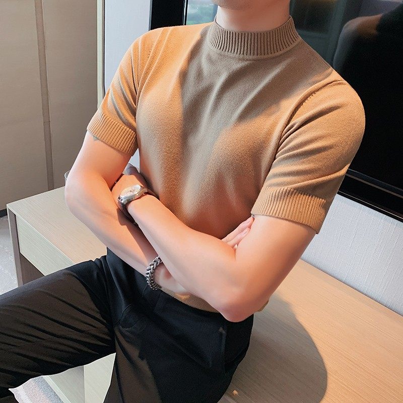 半高领短袖t恤男士2024新款高级感毛衣针织衫中领男款内搭打底衫