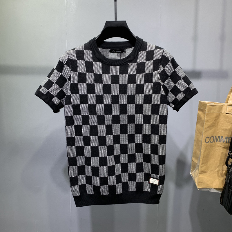 男士轻奢大码格子短袖毛衣加厚圆领半截袖青年秋冬季内搭针织半袖