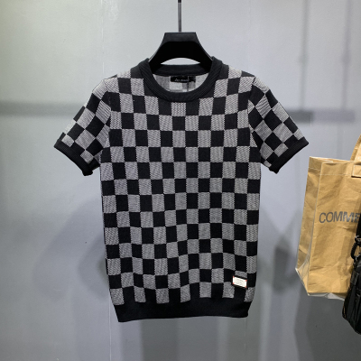 男士轻奢大码格子短袖毛衣加厚圆领半截袖青年秋冬季内搭针织半袖